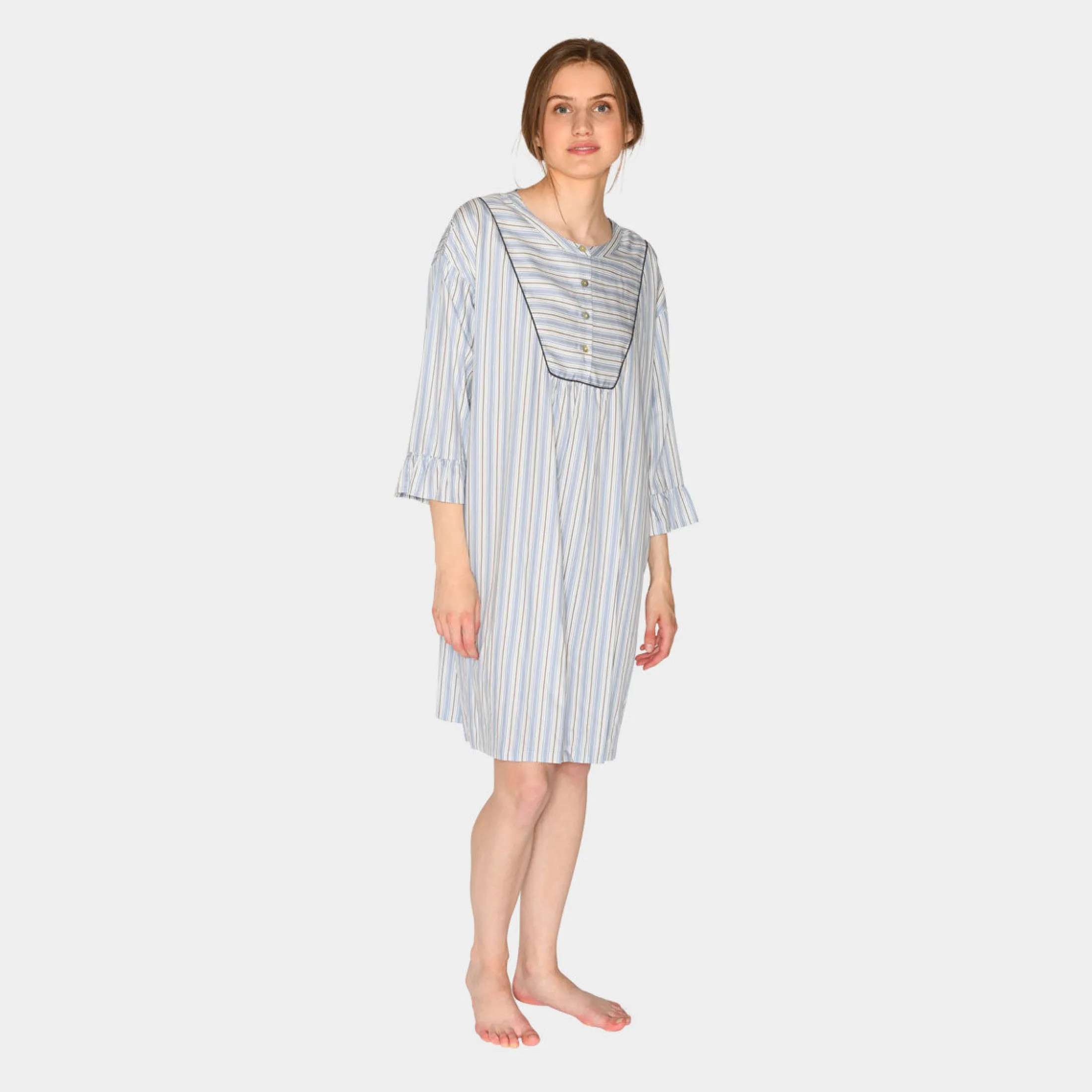CCDK Nora bambus natkjole - blå, hvide og grå striber*Dame Natkjoler