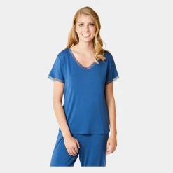 CCDK Superblød blå kortærmet bambus nattrøje med blondekant fra*Dame Nattoppe Og -Skjorter